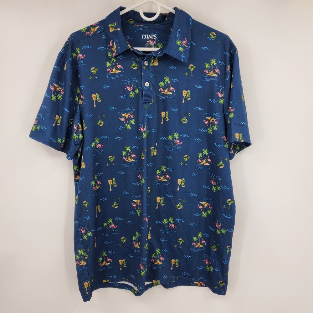 Chaps Golf Performance Novelty‎ Hawaiian Flamingo Palm Tree Bango Drink Polo L